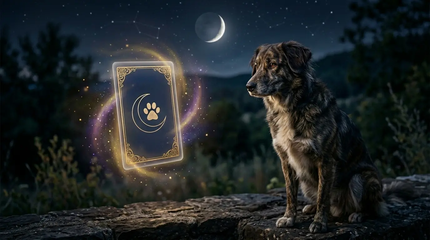 A dog beside a glowing oracle card with crescent moon and paw print — get your dog's daily horoscope with Aetris