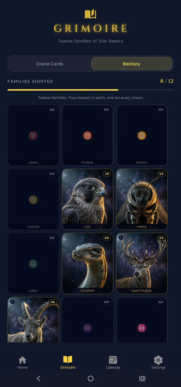 The Aetris Grimoire — the twelve families of Star Beasts as a bestiary grid, four beasts to a family, with a falcon, honeybee, snake, stag and ibex already sighted and the remaining families still dark