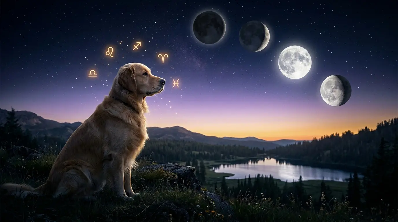 Golden retriever watching the moon's daily phases over a celestial landscape — daily dog horoscope concept