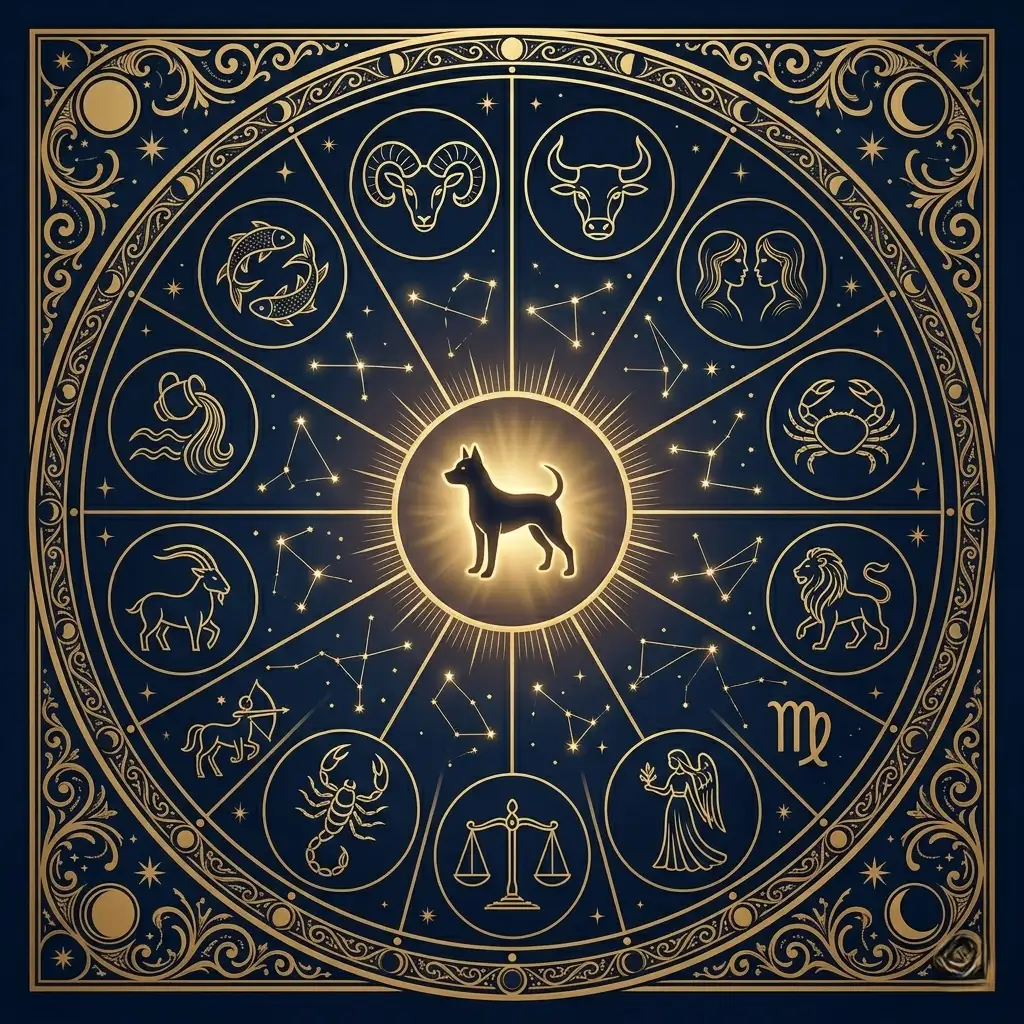 Dog at the center of a 12-sign zodiac wheel with engraved gold symbols — the daily horoscope cycle