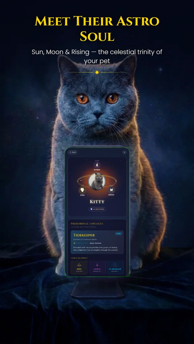 Aetris app — Meet Their Astro Soul: a British Shorthair beside the phone showing her Sun, Moon and Rising chart