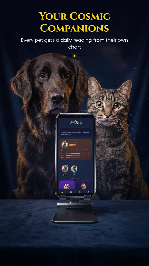 Aetris app — Your Cosmic Companions: a dog and a cat beside the home screen with today's insight and daily harmony score