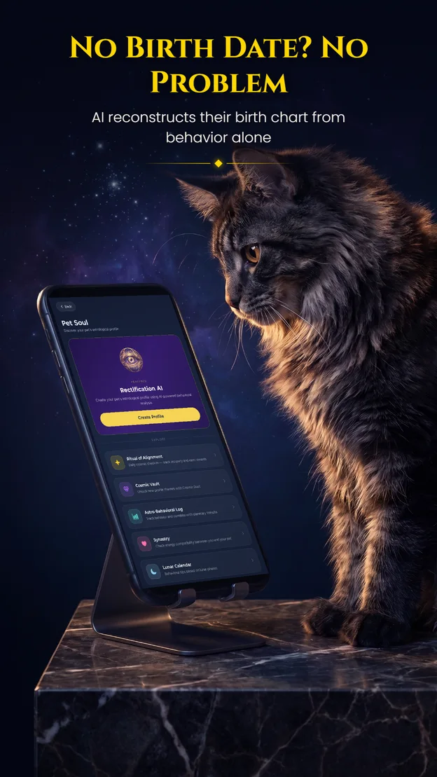 Aetris app — No Birth Date? No Problem: a Maine Coon beside the Rectification AI profile screen