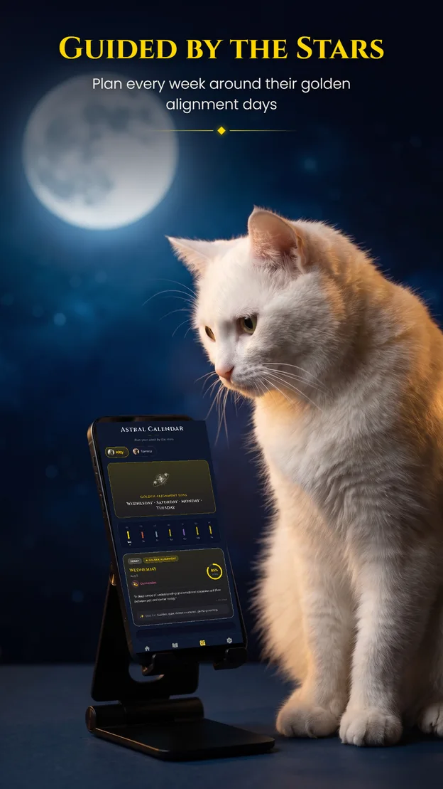 Aetris app — Guided by the Stars: a cat under a full moon beside the Astral Calendar golden alignment days