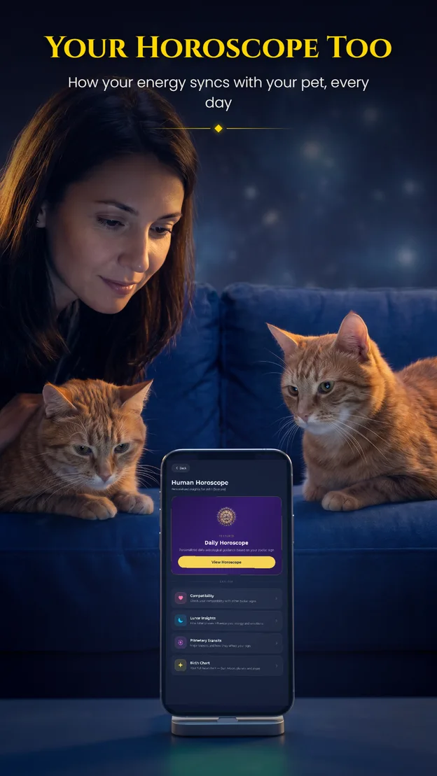 Aetris app — Your Horoscope Too: a woman and two cats beside the daily human horoscope screen