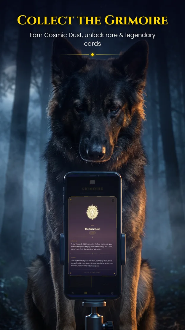 Aetris app — Collect the Grimoire: a shepherd dog beside the Solar Lion oracle card in the Grimoire