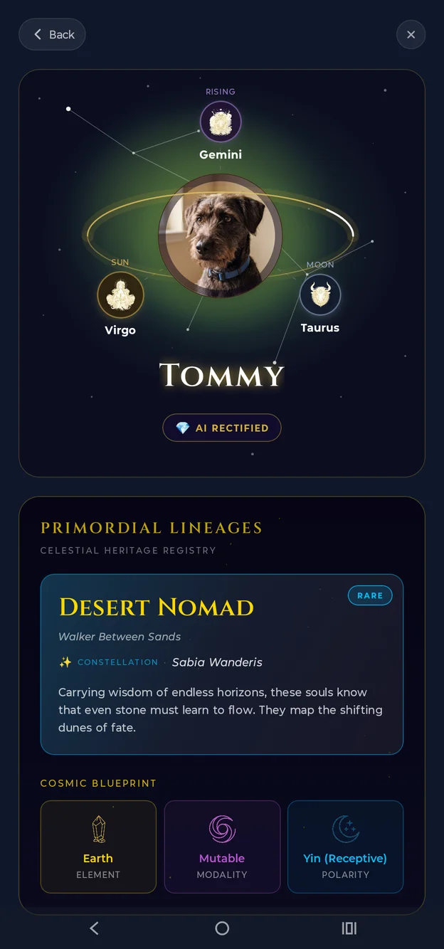 Aetris Soul Portal — Tommy's chart with Virgo Sun, Taurus Moon and Gemini Rising, plus his Primordial Lineage