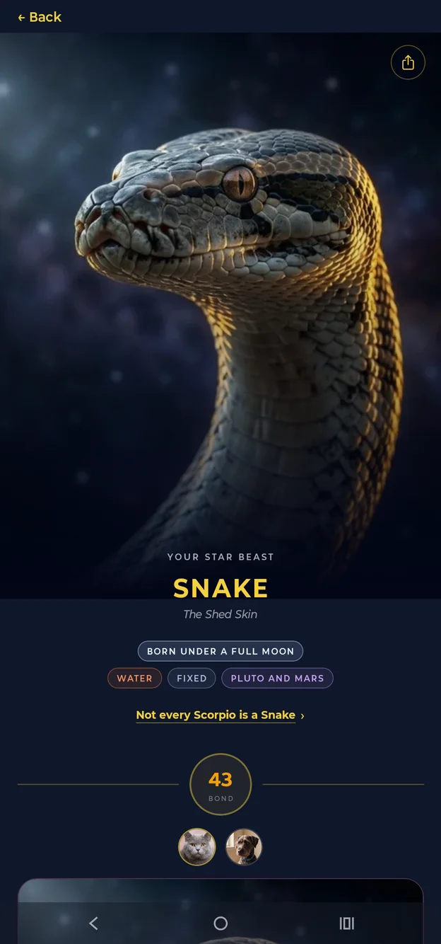Aetris Star Beast screen — the Snake, The Shed Skin: a Scorpio born under a full moon, tagged Water, Fixed, Pluto and Mars, above a bond score of 43